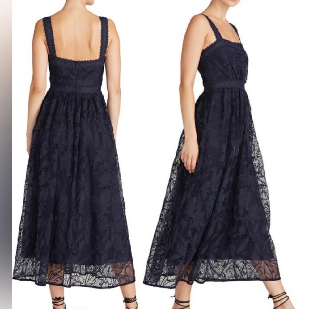 Monique Lhuillier Navy Lace Midi Dress with Square Neck